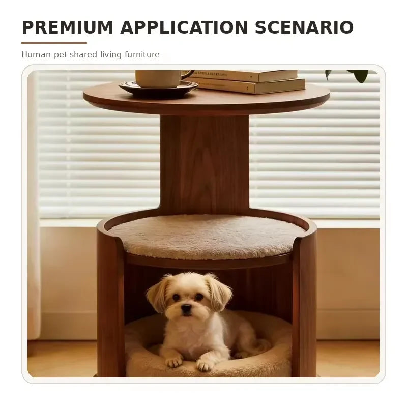 Wooden Pet Side Table Bed Combo with Removable Plush Cushion Smooth Rolling Casters for Cats Small Dogs Home Furniture