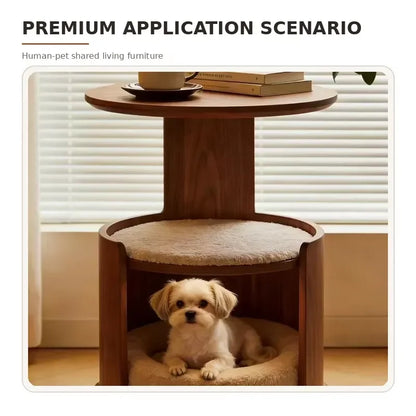 Wooden Pet Side Table Bed Combo with Removable Plush Cushion Smooth Rolling Casters for Cats Small Dogs Home Furniture