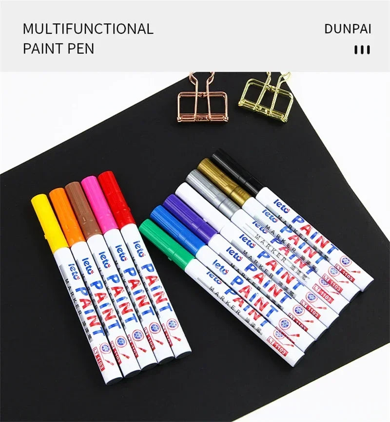 12PCS Waterproof Car Wheel Tire Oily Mark Pen Auto Rubber Tyre Colorful Permanent Painting Pen Graffiti Touch Up Paint Mark Pen