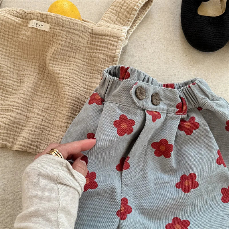 Spring/Summer Calf Length Pants for Girls Floral Print Anti-mosquito Breeches Korean Kid's Loose 7 Point Pants Childrens Clothes
