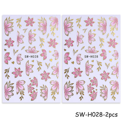2/3pcs Golden Pink Hibiscus Flower Nail Stickers 3D Bronzing Border Petals Sakura Line Sliders Nail Decals DIY Manicure Decor