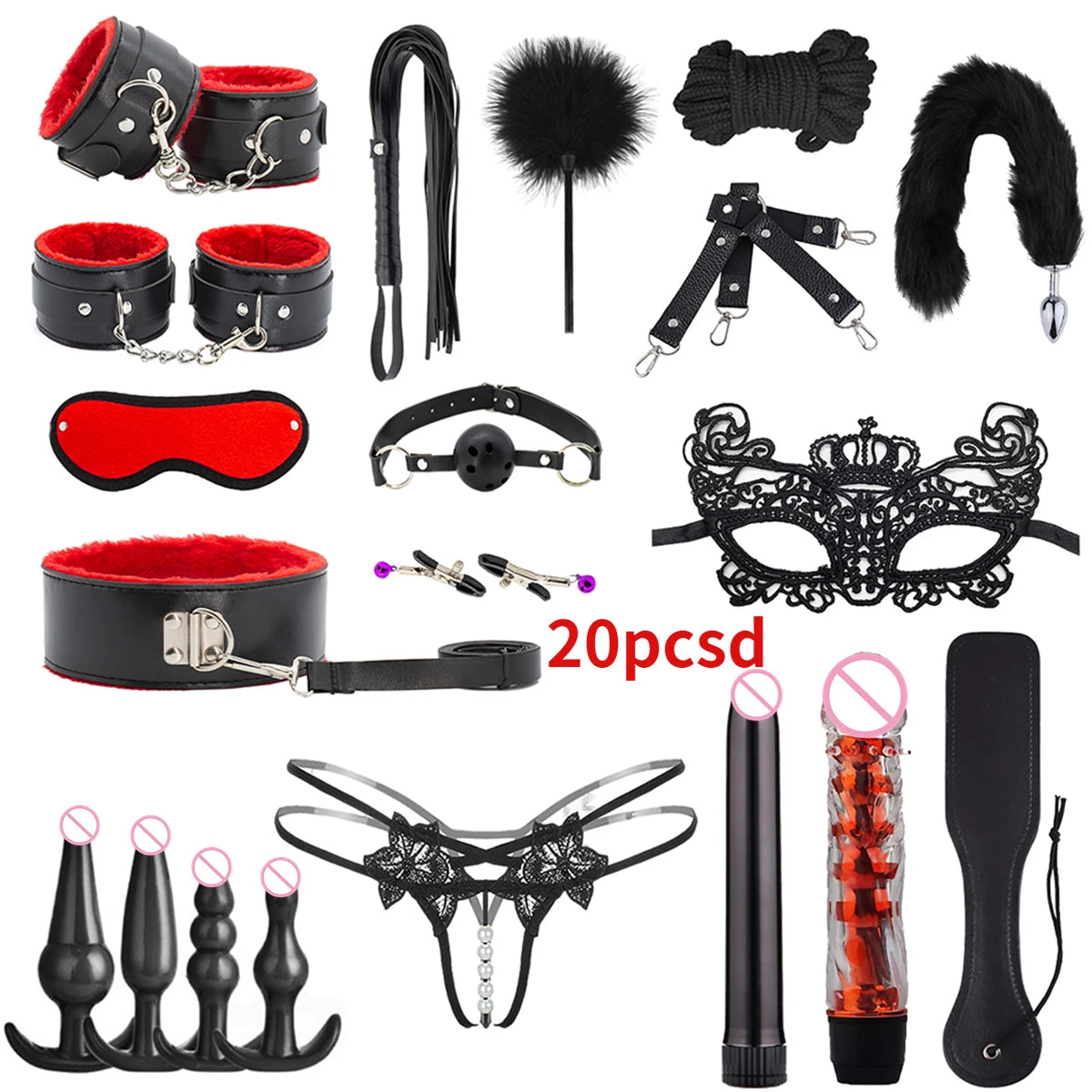 Erotic Sex Toys For Women Adults Games Nylon Bondage BDSM Kits Handcuffs Sex Whip Mouth Gag Rabbit Tail Anal Plug