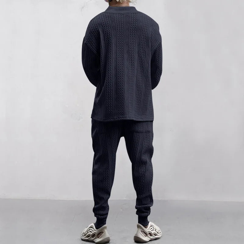 2025 Cross-border New Men's Casual Trousers V-Neck Versatile Jacquard Knitted Sweater Set