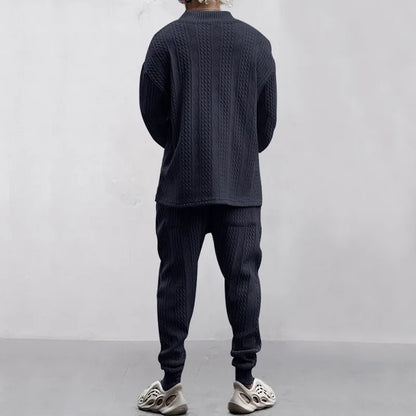 2025 Cross-border New Men's Casual Trousers V-Neck Versatile Jacquard Knitted Sweater Set