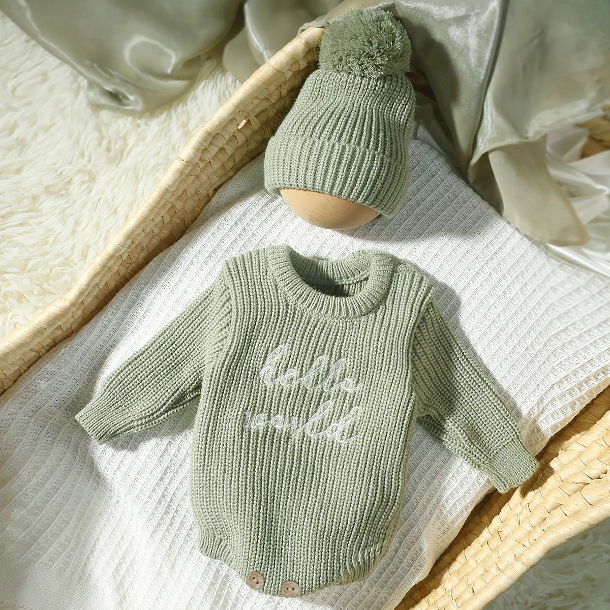 Ylsteed Hello World Knitting Newborn Photography Romper with Matching Pomp Hat Baby Boy Girl Sweater Outfits for Photo Shooting