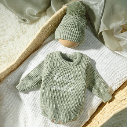 Ylsteed Hello World Knitting Newborn Photography Romper with Matching Pomp Hat Baby Boy Girl Sweater Outfits for Photo Shooting