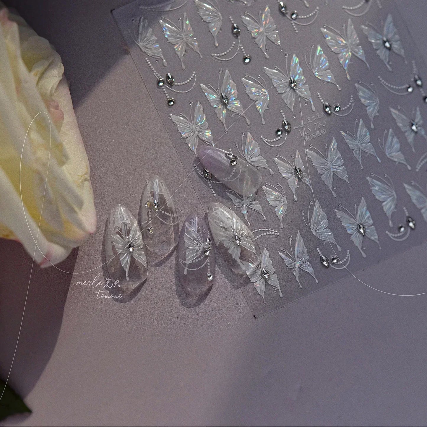 Shiny Jelly Butterfly Charming Golden Gradient Bowknot 5D Self Adhesive Nail Art Sticker Flower Petal Rhinestone Manicure Decals