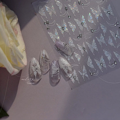 Shiny Jelly Butterfly Charming Golden Gradient Bowknot 5D Self Adhesive Nail Art Sticker Flower Petal Rhinestone Manicure Decals