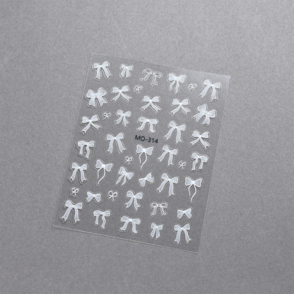 Bowknot Nail Stickers 3D Relief White Ribbon Cute Sweet Pink Self-Adhesive Nail Art Decoration Decals For Nail Tips Manicures