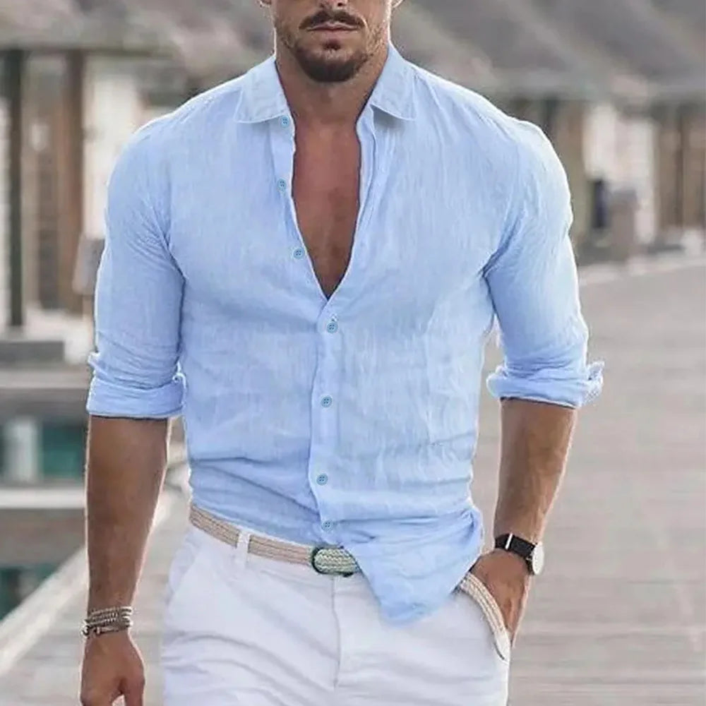 New Men's Shirt Cotton linen Fashion Casual Polo Neck Beach Shirt Long Sleeve Solid Hawaiian Holiday Shirts