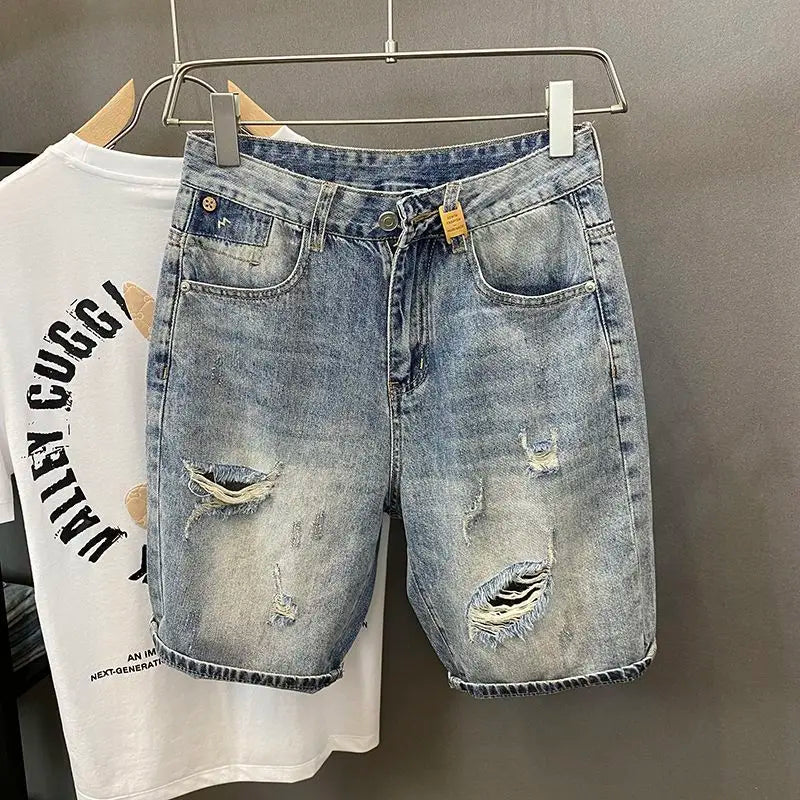 Summer Trendy Brand Handsome Denim Shorts Men's Washed Embroidered Patch Trendy Short Pants Ripped Slim-fit Elastic Middle Pants