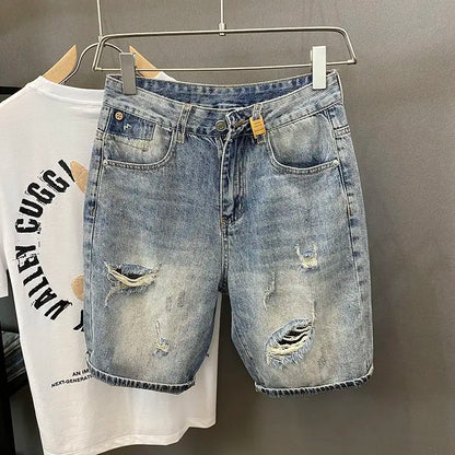 Summer Trendy Brand Handsome Denim Shorts Men's Washed Embroidered Patch Trendy Short Pants Ripped Slim-fit Elastic Middle Pants