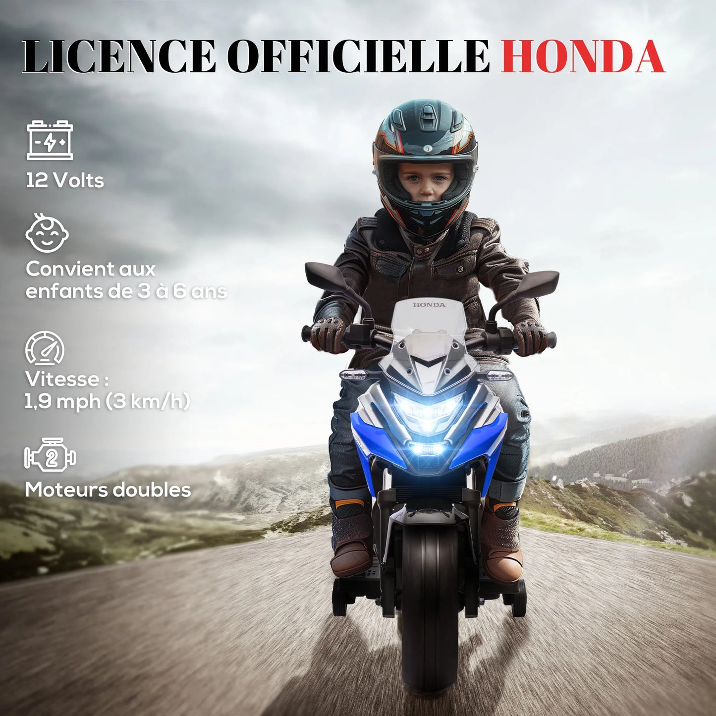 The electric motorcycle for children is equipped with two engines. Children aged 3 to 6 years can drive the motorbike with music and head. The size is 107x46x75cm and the load is 30kg.