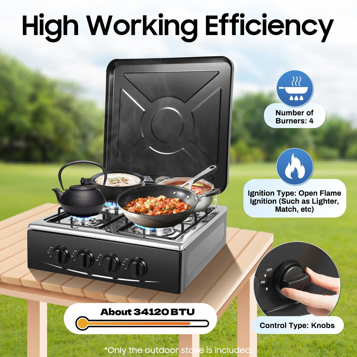 Natural Gas Stove w/ 4 Burners, Classic Appearance NG/LPG Gas Stove, Wind-resist Indoor Outdoor Cooking Tool, Gas Cooktop