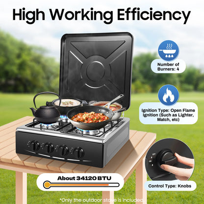 Natural Gas Stove w/ 4 Burners, Classic Appearance NG/LPG Gas Stove, Wind-resist Indoor Outdoor Cooking Tool, Gas Cooktop