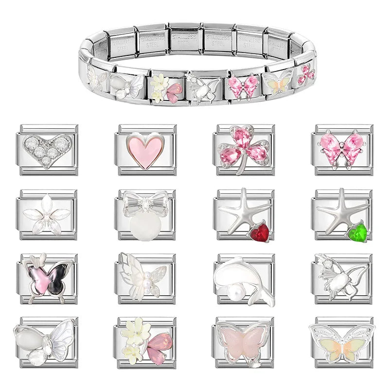 New Shiny Zircon Heart Butterfly Flower Star Bow Italian Charm Links Fit 9MM Stainless Steel Bracelet Girls' DIY Making Gift