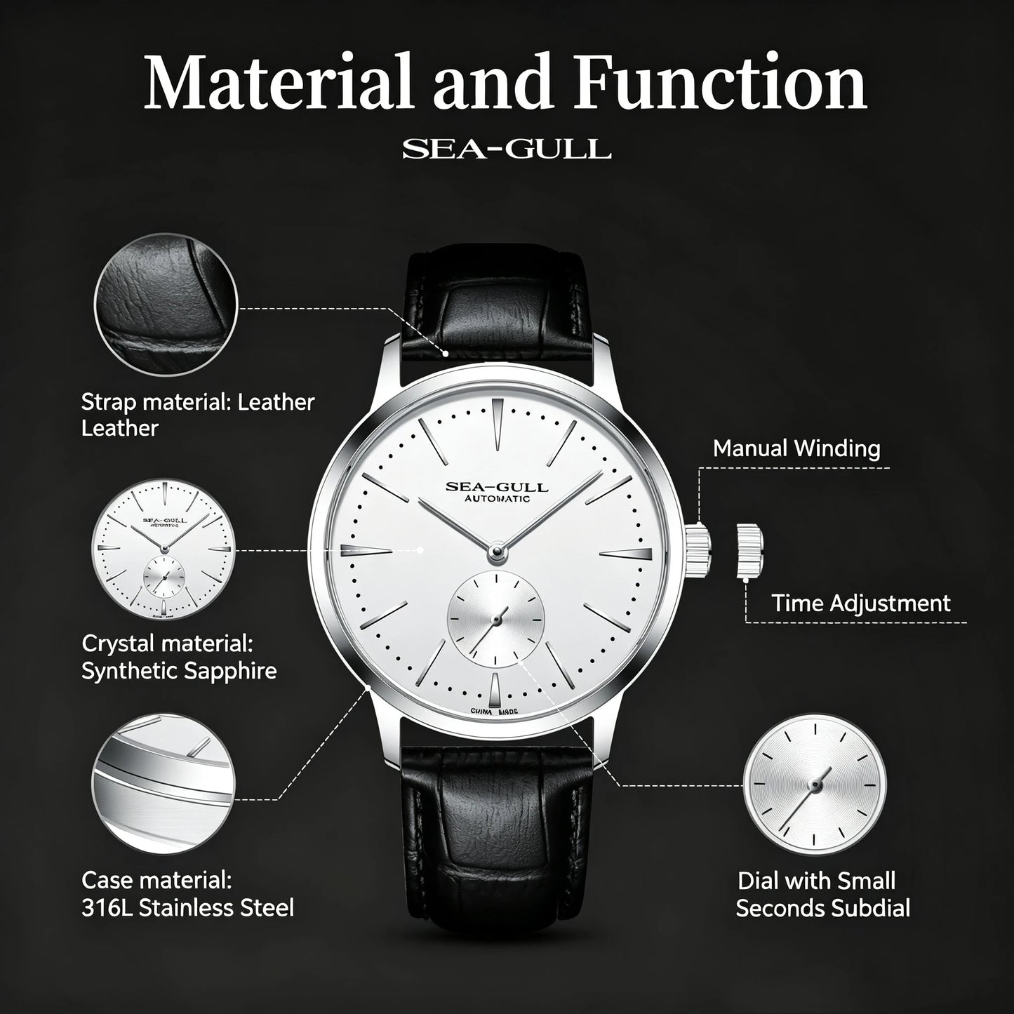 Seagull New Business Watch Men's Mechanical Wristwatches 50m Waterproof Leather Valentine Male Watches Relogio Masculino 6075