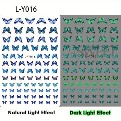 3pcs Luminous Butterfly Nail Decal Stickers Colorful Blue Butterfly Series Design Glow In The Dark Night Polish Sliders Manicure