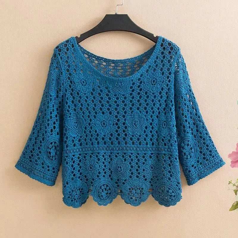 Women's Summer Short Jacket 2025 New Pullover Round Neck Knit Female Sweater Top Loose Fashion Hollowing Out Ladies Lace Tops