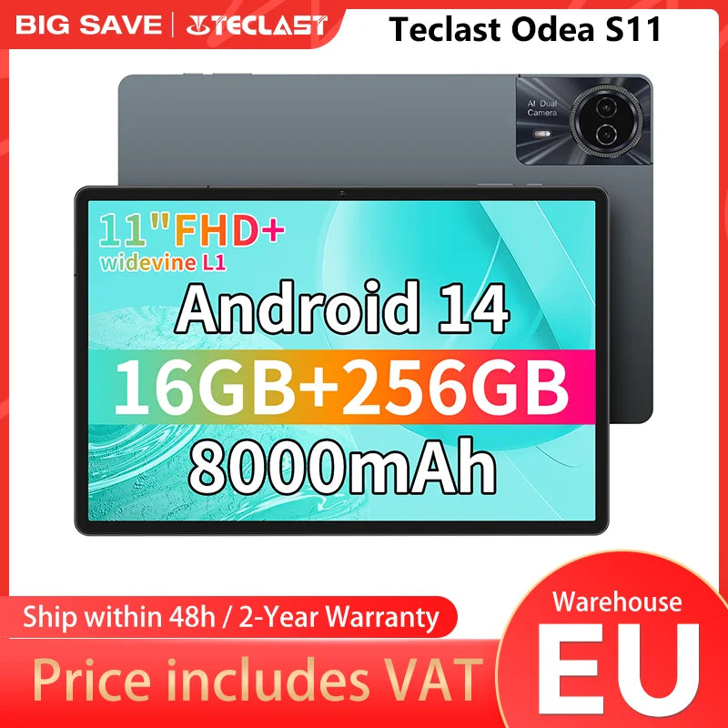 ODEA S11, 11 inches TDDI, 8000mAh, Android 14 Tablet, (6GB+10GB Expansion) 16GB RAM, 256GB ROM, 1920x1200 IPS, UNISOC T606, 8 cores, Mali-G57, 4G LTE, Wifi, GPS, SIM Slots*2+TF*1, Widevine L1 for Netflix