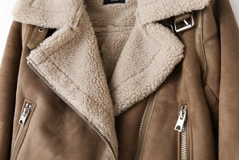 Winter Faux Shearling Sheepskin Fake Leather Jackets Lady Thick Warm Suede Lambs Motorcycle Brown Coats Mujer Chaqueta A407