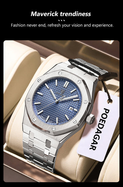 POEDAGAR Original Luxury Man Watch Date Luminous Waterproof Stainless Steel Men Wristwatch Fashion Business Quartz Men's Watches