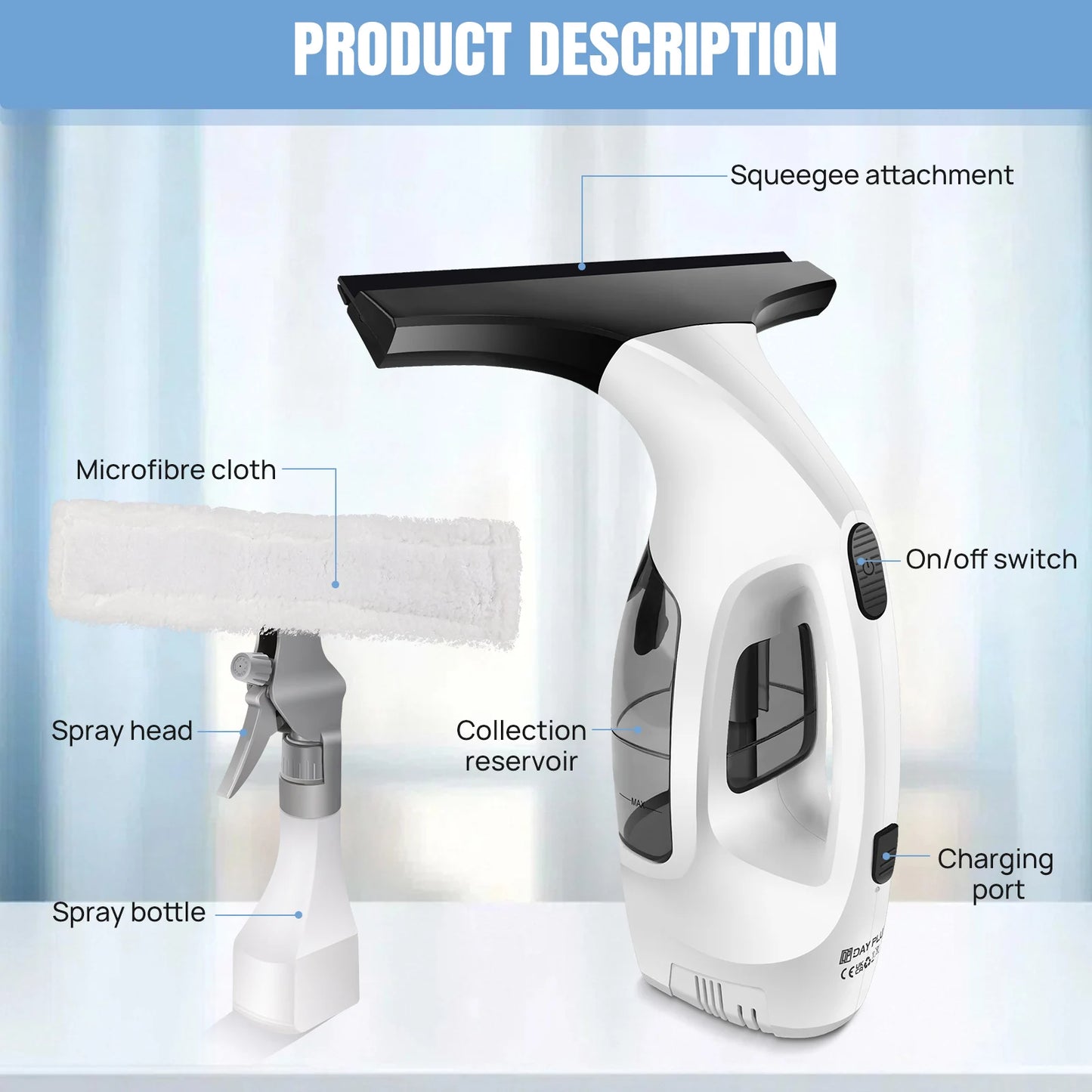 Cordless Window Vac Cleaner & Spray Bottle for Windows, Tiles, Mirrors & Shower Streak-Free Cleaning