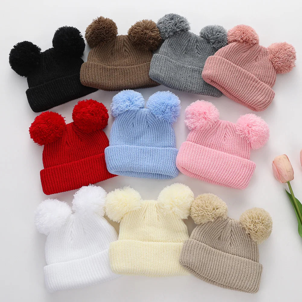 0-12M Solid Knitted Cute Pom Pom Cap Newborn Boys Girls Turban Hats Hospital Bonnets Infant Autumn Winter Headwraps Kid Headwear