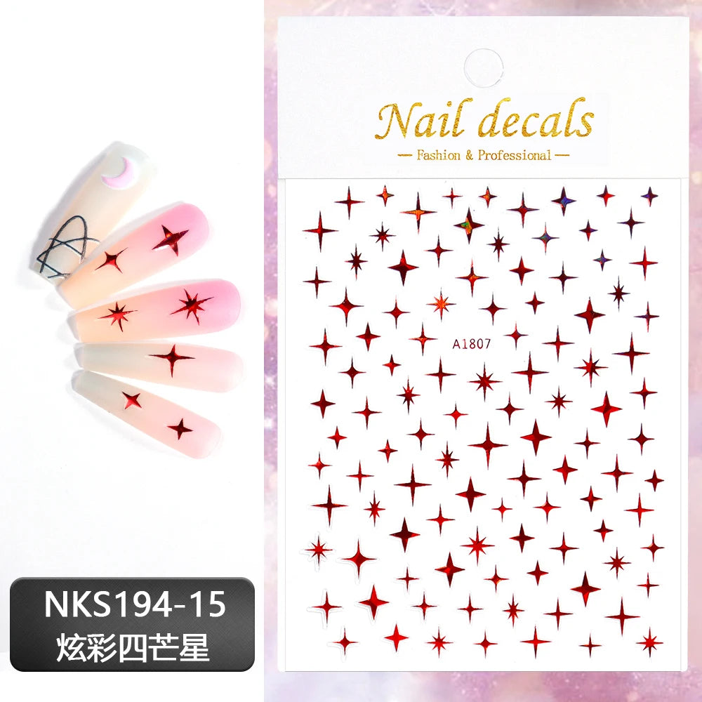 Black White Star 3D Nail Art Sticker Y2K Pentagram Self-Adhesive Decals Laser Shiny Glitters Starlight Manicure Ornaments Slider