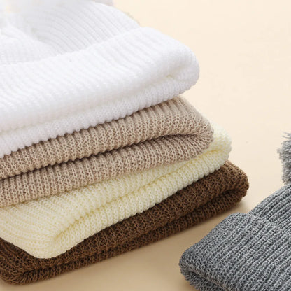 0-12M Solid Knitted Cute Pom Pom Cap Newborn Boys Girls Turban Hats Hospital Bonnets Infant Autumn Winter Headwraps Kid Headwear
