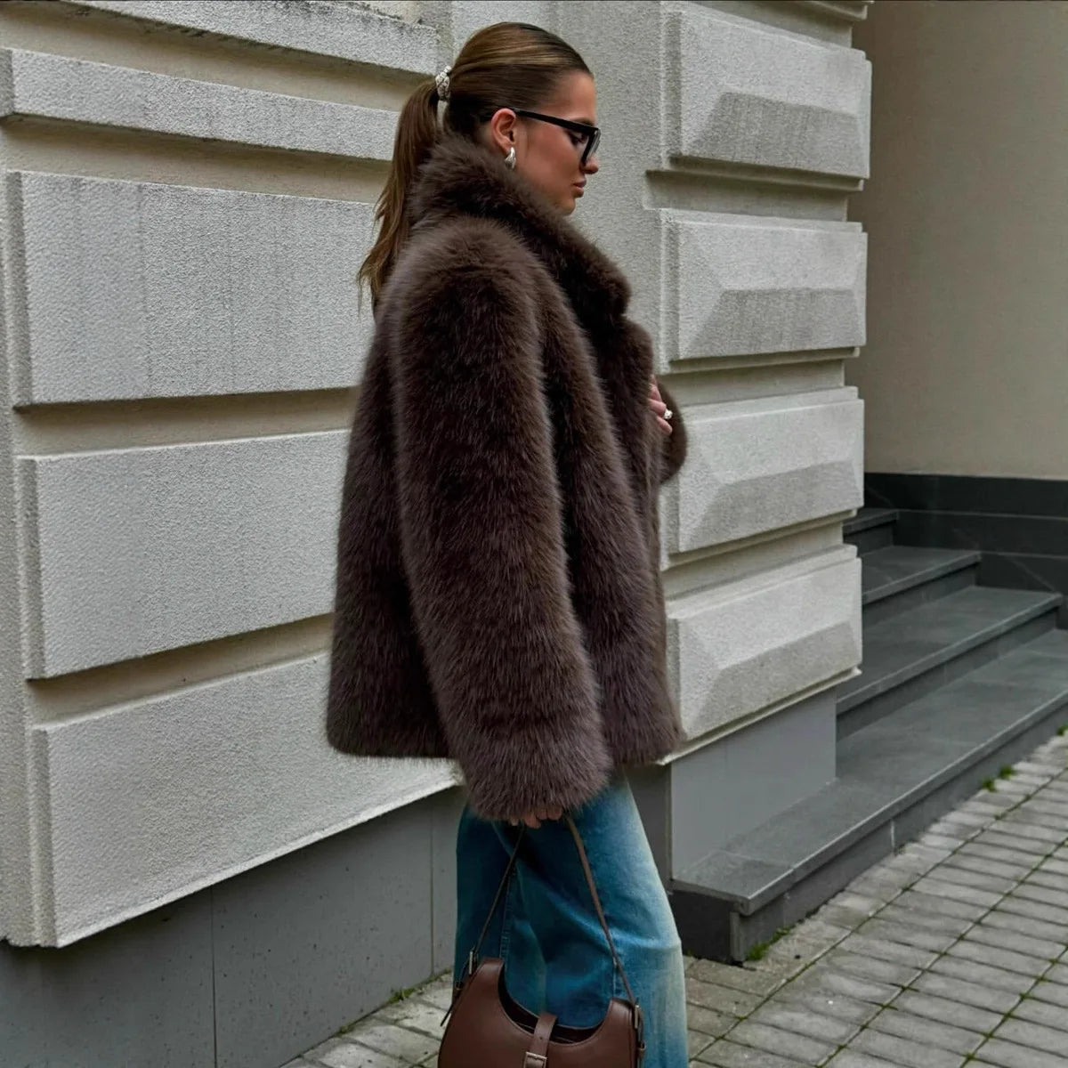 Faux Fox Fur Coats Women Solid Mid Length Jackets Lapel Collar Long Sleeve Furry Outerwear Thick Loose Casual 2025 Autumn Winter