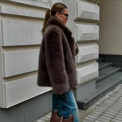 Faux Fox Fur Coats Women Solid Mid Length Jackets Lapel Collar Long Sleeve Furry Outerwear Thick Loose Casual 2025 Autumn Winter