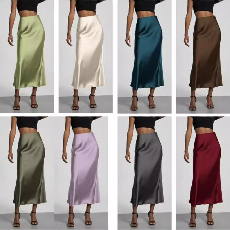 21 Colors New 2026 Women's Elegant High Waist Satin Long Skirts Female Summer Solid Color Faldas