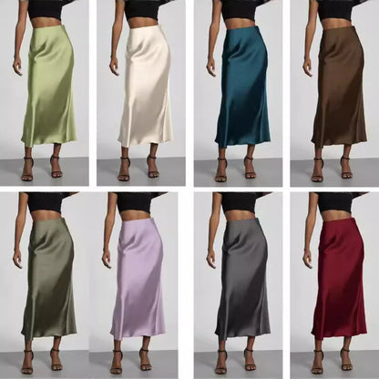 21 Colors New 2026 Women's Elegant High Waist Satin Long Skirts Female Summer Solid Color Faldas