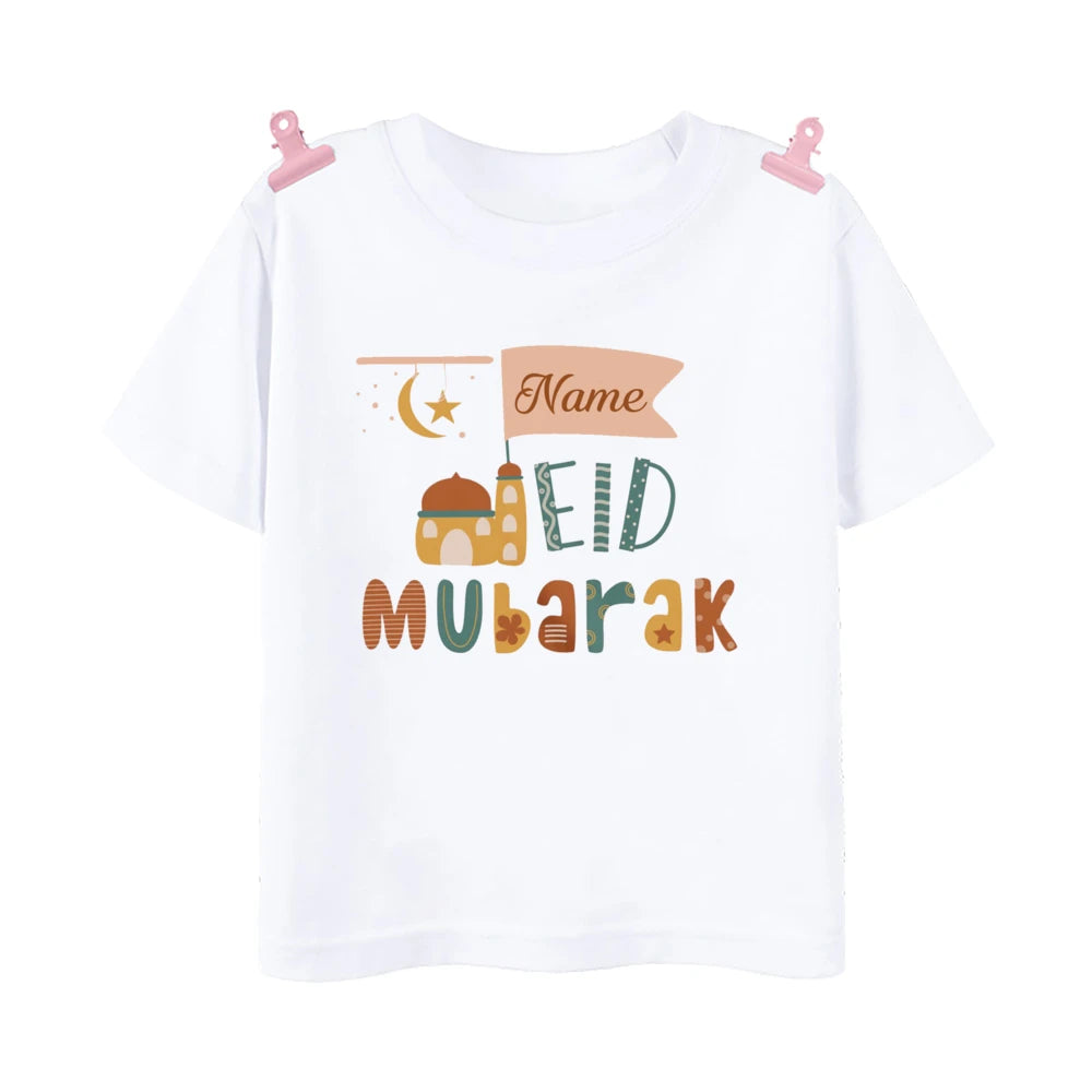 Personalized Eid Mubarak Printed Kids Shirts Custom Name Eid Ramadan Child T-shirt Tops Islamic Muslim Holiday Boys Girls Outfit