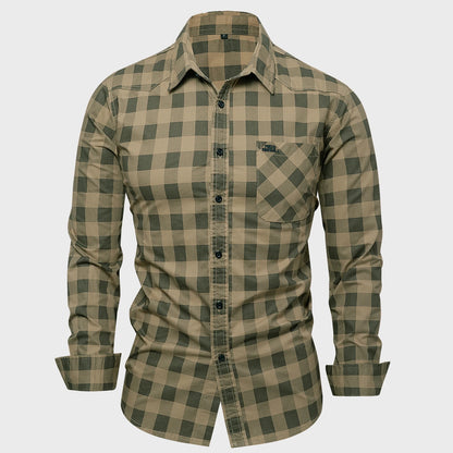 2025 Autumn New Fashion Men's 100% Cotton Plaid Shirt Tops Casual Button Down Long Sleeve Letter Embroidery Shirts with Pocket