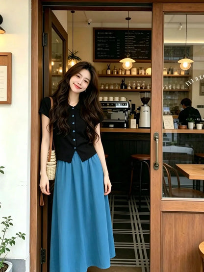 Women High Waist Elastic Waist Midi Skirt Flowy A Line Loose Long Casual Skirt
