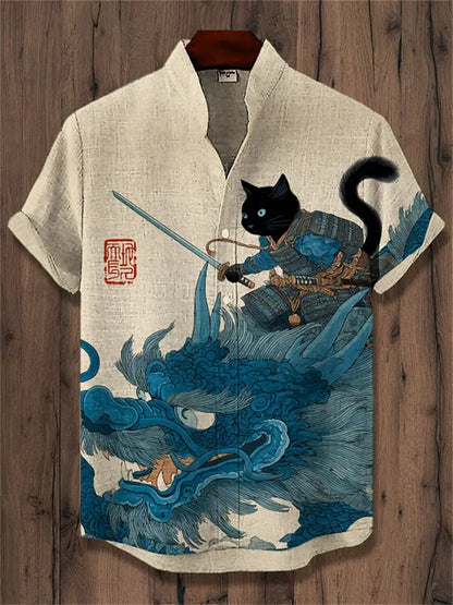 Men's short-sleeved shirt with cat and dinosaur print, casual and stylish vacation-style men's top, fashionable Hawaiian design.