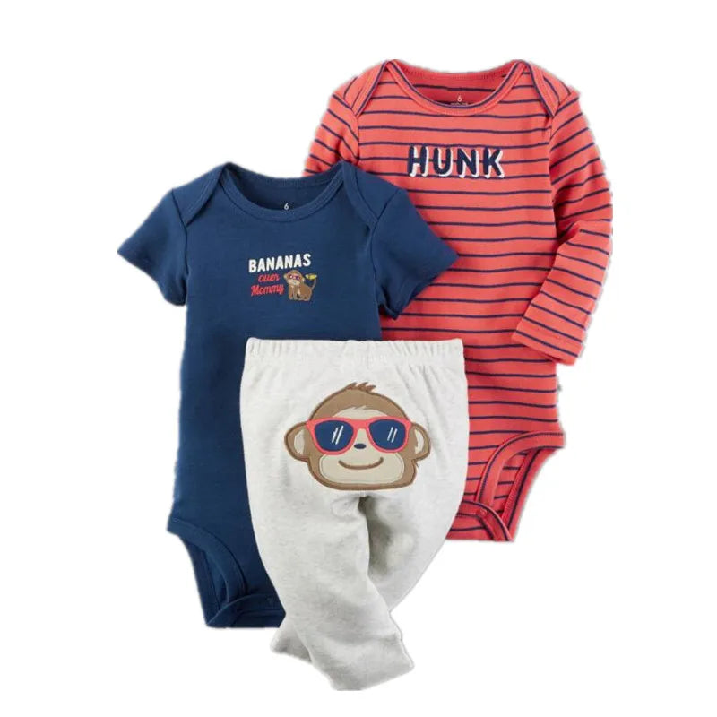 Lovely Baby Boy bodysuits 3Pcs/sets Long Sleeved Clothes PP Pant Cotton Infant Sporty Girl Short Sleeved Bodysuits