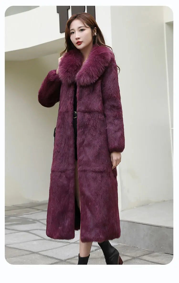 Real Rex Rabbit Fur Coat Women Autumn Winter Long Jacket Thick Warm New Fashion Fox Fur Collar Elegant Female Warm Outerwear