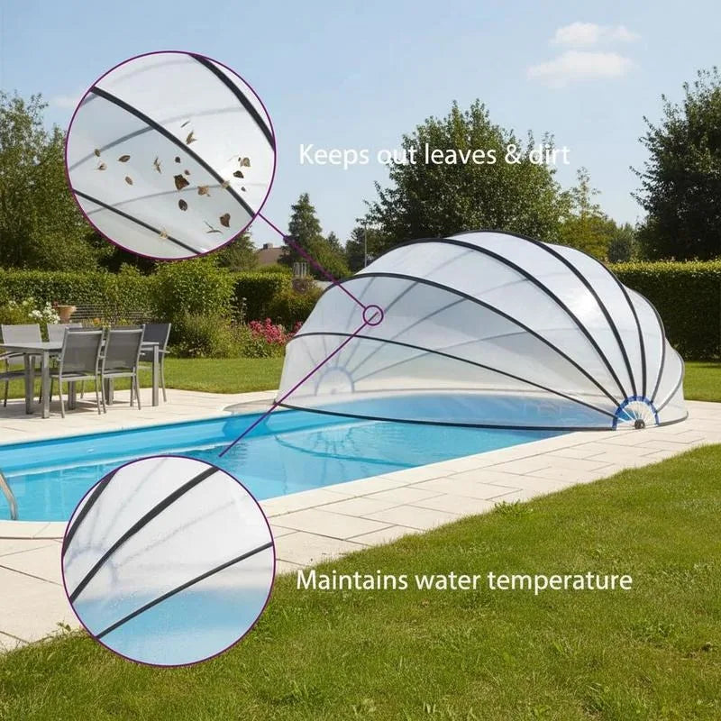 559x275 cm Pool dome cover. This pool cover is made of PVC material and filled with fiberglass, effectively blocking sunlight and preventing external pollutants such as leaves, insects, and dust from entering the pool.
