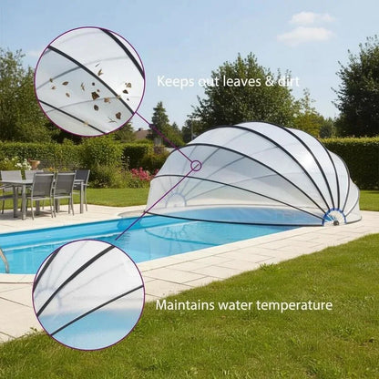 559x275 cm Pool dome cover. This pool cover is made of PVC material and filled with fiberglass, effectively blocking sunlight and preventing external pollutants such as leaves, insects, and dust from entering the pool.