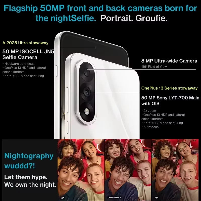 Global version samrtphone OnePlus Nord 5 5G 8GB+256GB 12GB+512GB Snapdragon 8s Gen 3 Android 15 6800 mAh 80W Wi-Fi 6  NFC