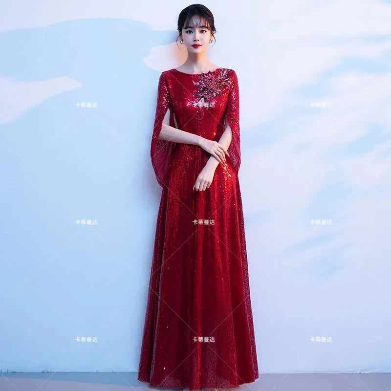 Wine Red Bride's Toast Dress, Women's 2025 New Style Spring Wedding and Engagement Dress, Sequined, Elegant and Grand Evening Dr