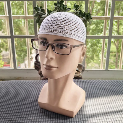 New Summer White Pure Handmade Hooked Prayer Hat Muslim Knitted Kufi Hat Skull Cap Crochet Handmade Islamic Ramadan Prayer Cap