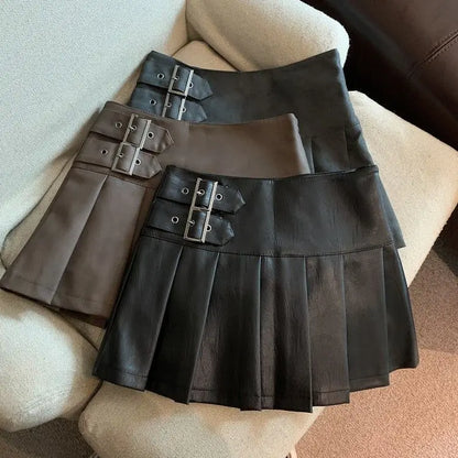 S-3XL Y2K Pu Leather Mini Skirts Women Streetwear High Waist Pleated Skirt Vintage Korean Black Slim Casual A Line Skirts