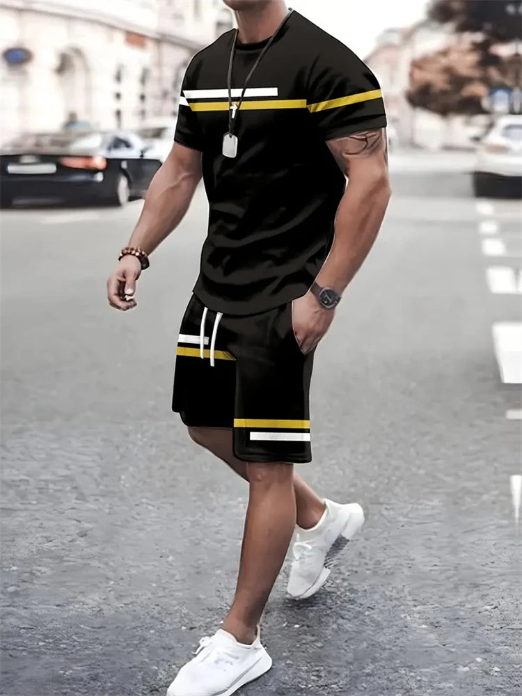 Summer Men's Stripe Print Short Sleeve Tee Elastic waist Shorts 2 Pieces Set Plus Size Loose O-Neck T-shirt Pockets Shorts Set
