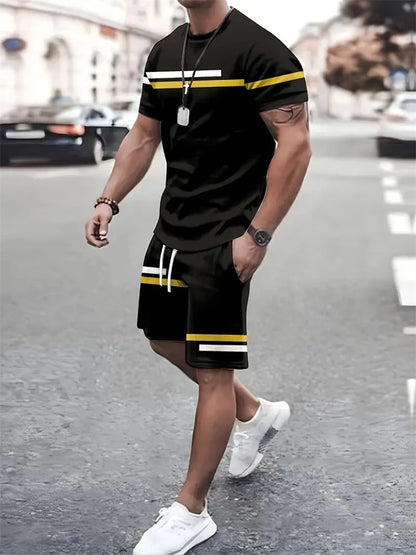 Summer Men's Stripe Print Short Sleeve Tee Elastic waist Shorts 2 Pieces Set Plus Size Loose O-Neck T-shirt Pockets Shorts Set