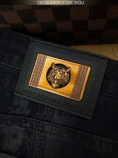 Spring and Autumn Korean Slim Jeans for Men 2025 High-end Luxury Clothing Black Printing Mid-waist Stretch Casual Pencil Pants