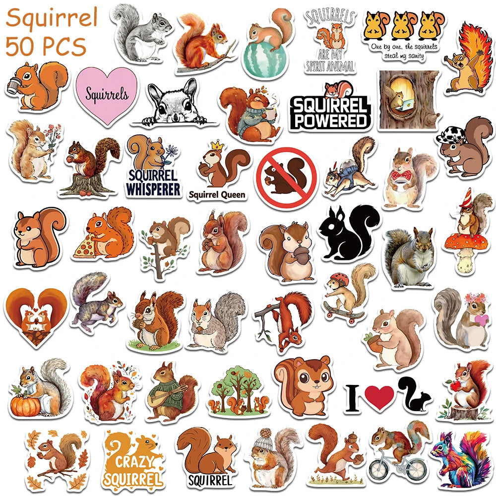 50pcs Cartoon Cute Squirrel Stickers Decals For Laptop Scrapbook Skateboard Helmet Guitar DIY Aesthetic Waterproof Stickers